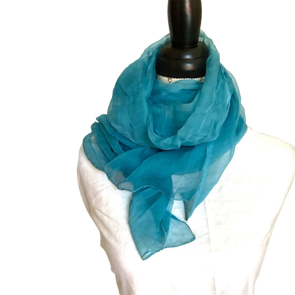 Long Chiffon Crepe Scarf Aqua Blue Vintage 70s